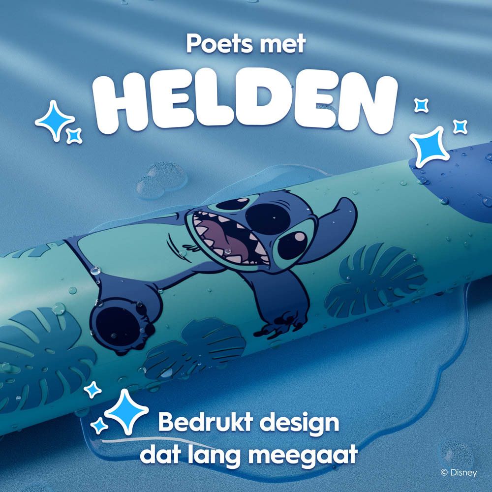 Tandenborstel met Stitch-ontwerp. Tekst: Poets met helden. Duurzaam design.