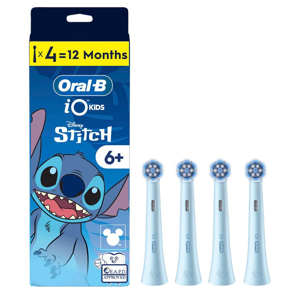 Oral-B iO Kids opzetborstels. 4 stuks. Stitch-motief. Voor kinderen vanaf 6 jaar. Verpakking.