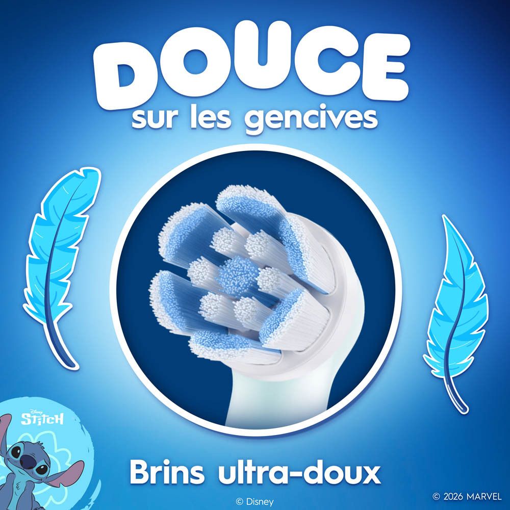 Tête de brosse Oral-B iO Kids. Soies ultra-douces. Plumes bleues. Motif Stitch.