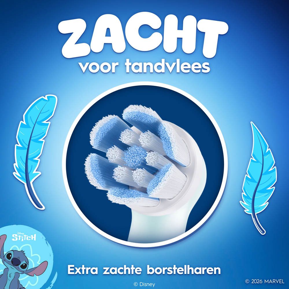 Oral-B iO Kids opzetborstel. Extra zachte borstelharen. Blauwe veren. Stitch-motief.