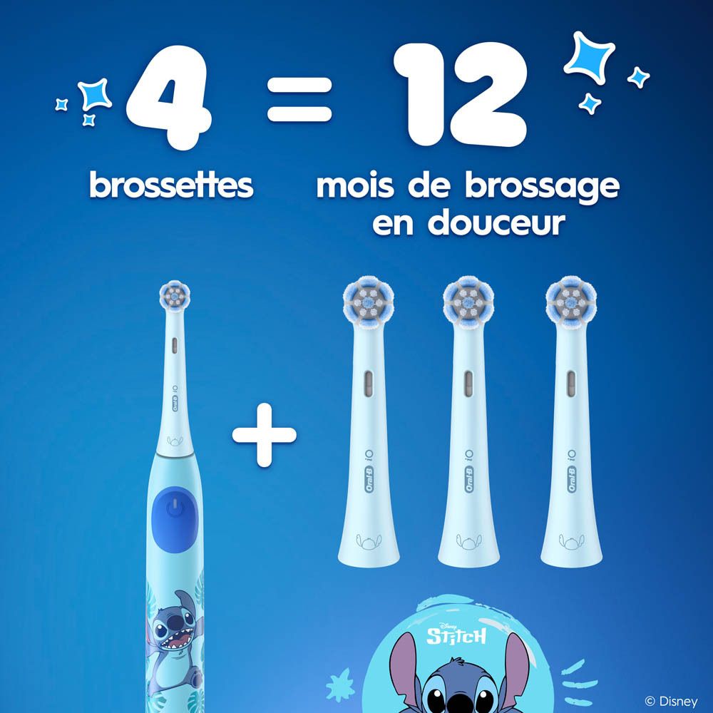 Brosse à dents Oral-B iO Kids et recharges. 4+12 mois. Motif Stitch. Emballage.