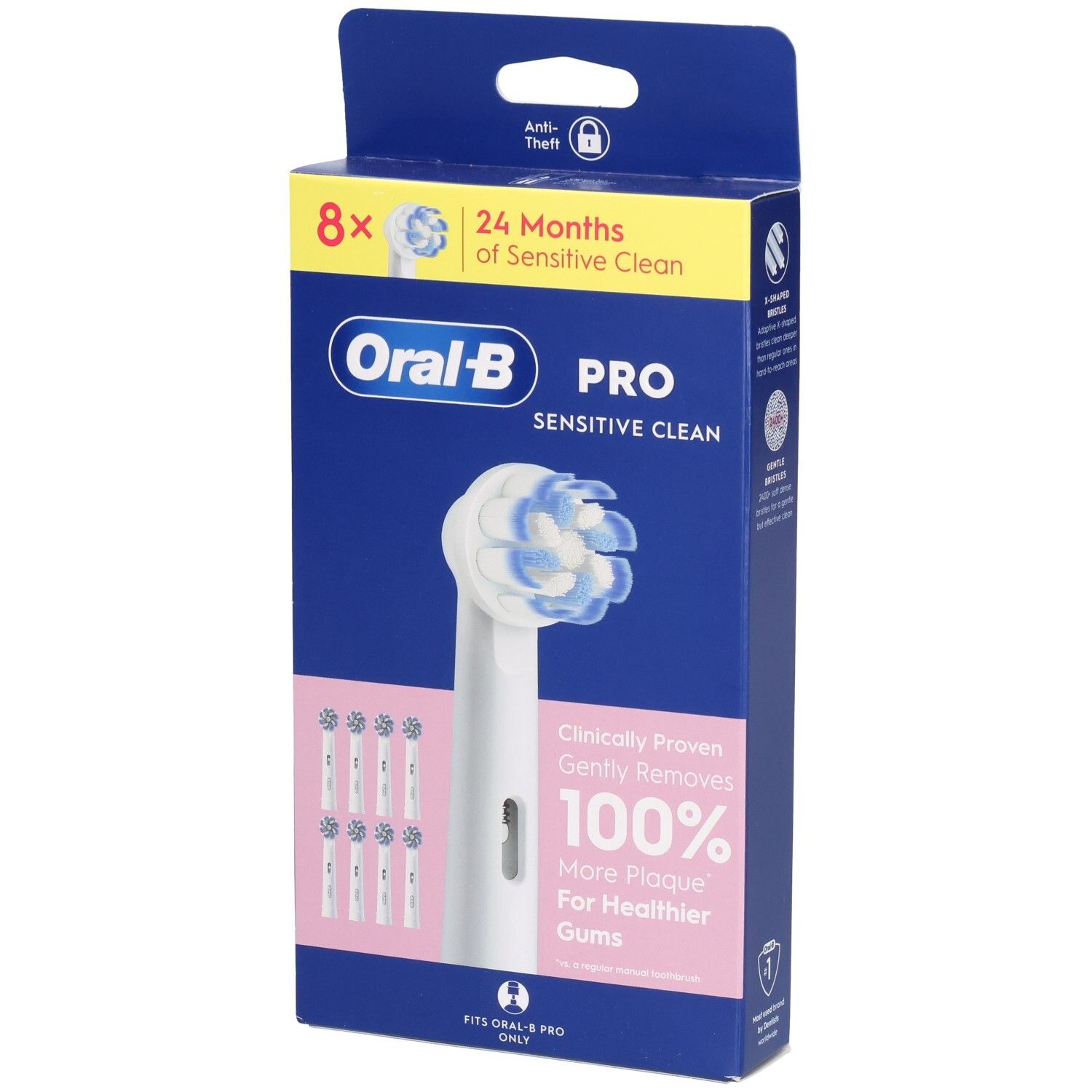 Verpakking met 8 opzetborstels. Merk Oral-B Pro Sensitive Clean. Blauwe en witte borstelharen. Roze en gele accenten.