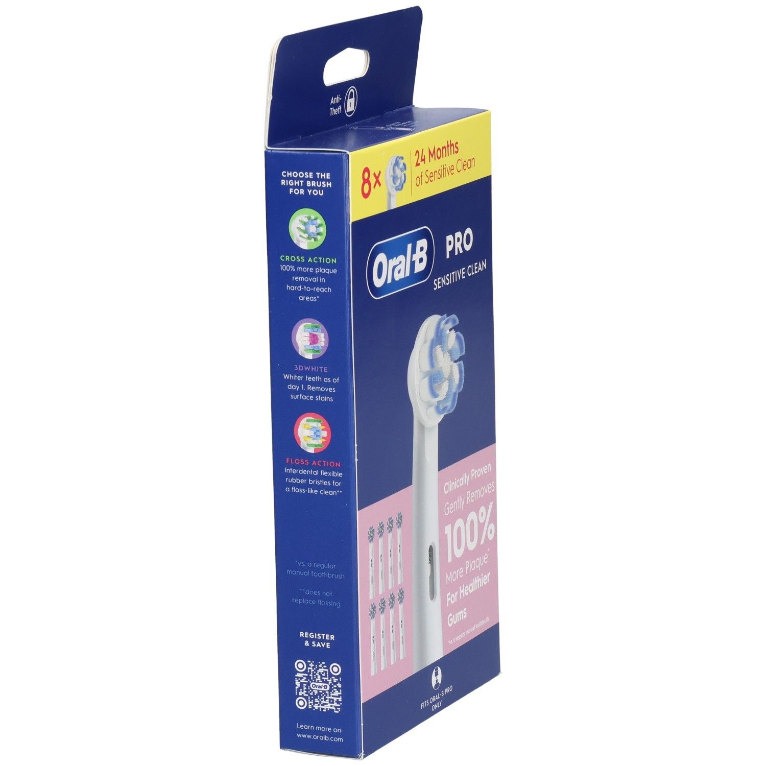 Zijaanzicht van de verpakking met 8 opzetborstels. Merk Oral-B Pro Sensitive Clean. Blauwe en witte borstelharen.