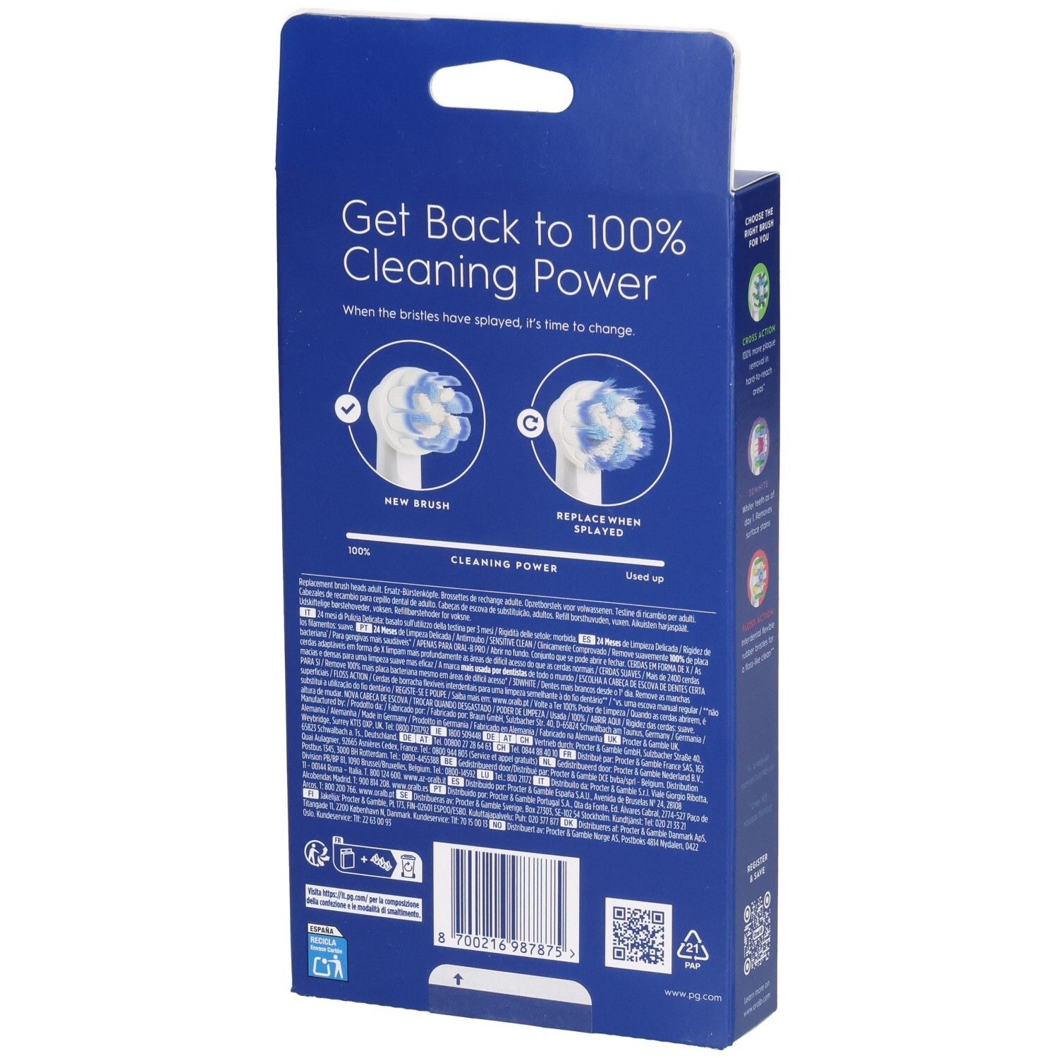 Achterkant van de verpakking. Oral-B Pro Sensitive Clean. Illustraties van opzetborstels. Tekstinformatie.