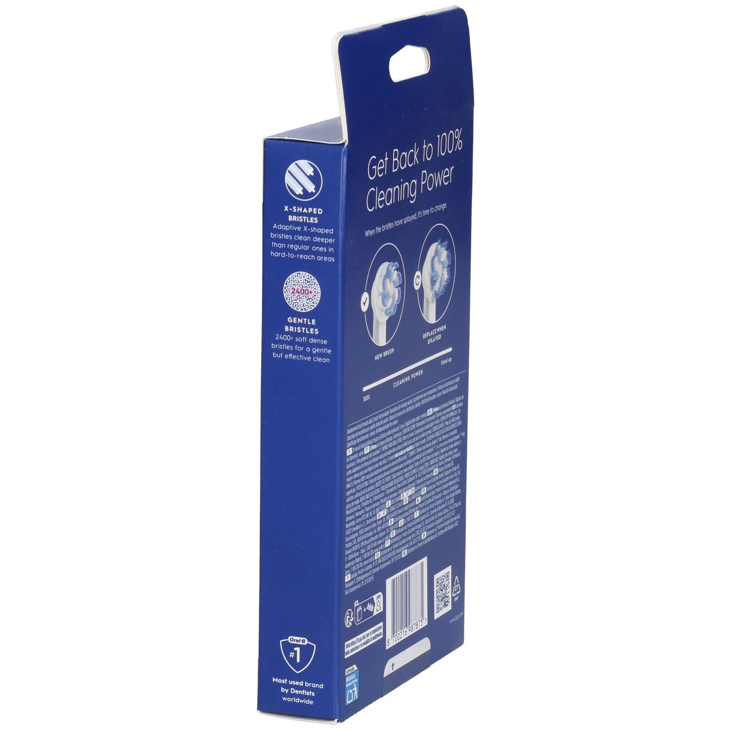 Zijaanzicht van de verpakking. Oral-B Pro Sensitive Clean. Illustraties van opzetborstels. Tekstinformatie.