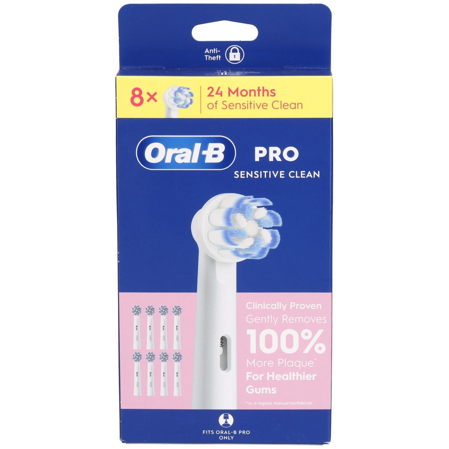 Verpakking met 8 opzetborstels. Merk Oral-B Pro Sensitive Clean. Blauwe en witte borstelharen. Roze en gele accenten.