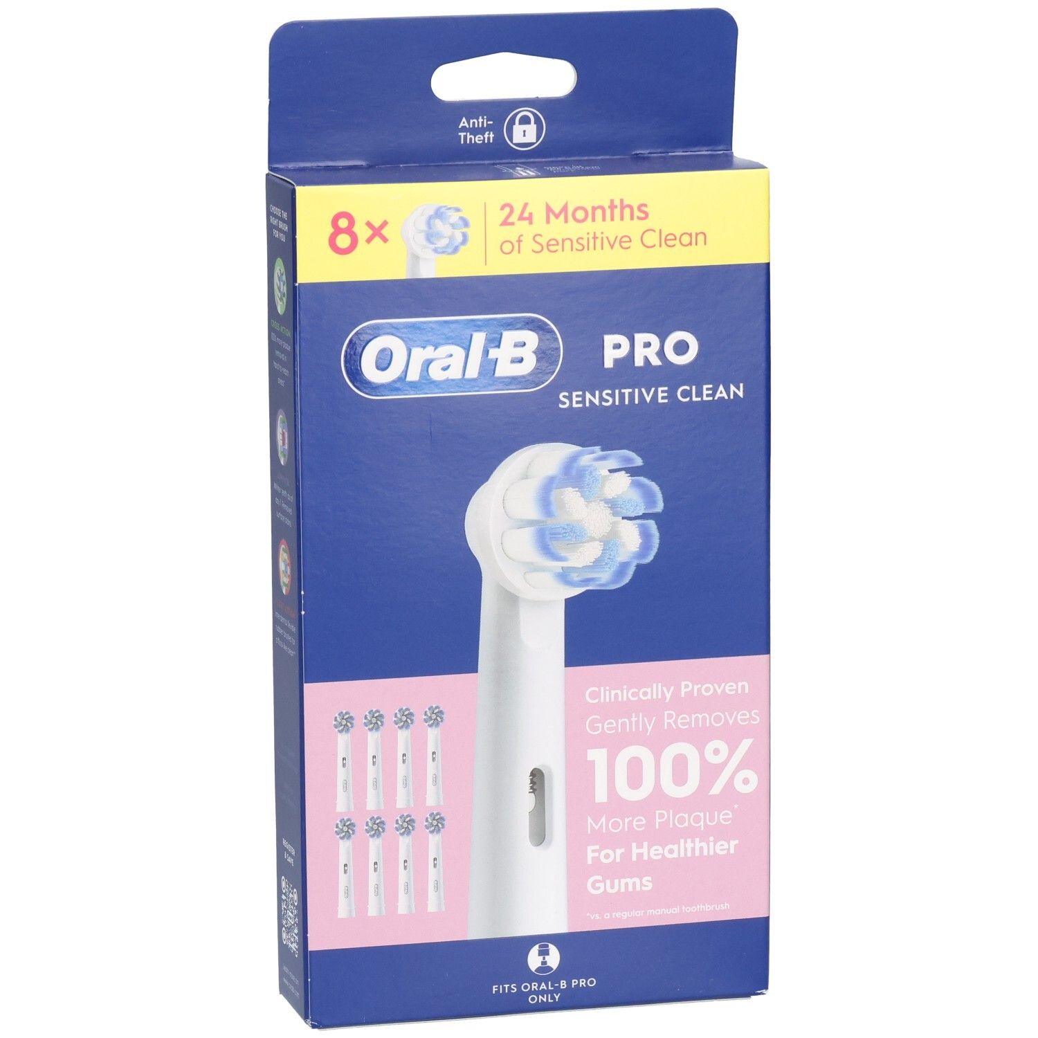 Verpakking met 8 opzetborstels. Merk Oral-B Pro Sensitive Clean. Blauwe en witte borstelharen. Roze en gele accenten.