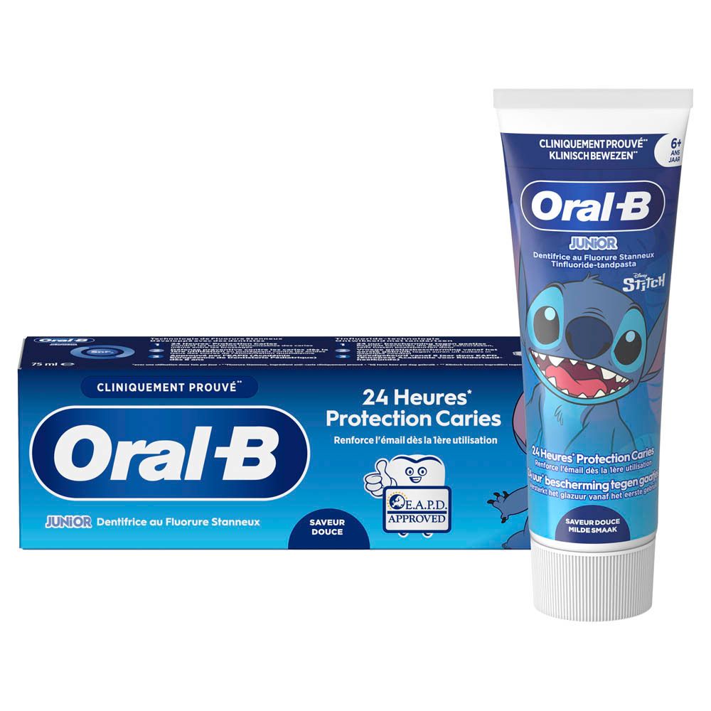 Dentifrice et boîte. Oral-B Junior, design Stitch. Boîte bleue, tube à côté.