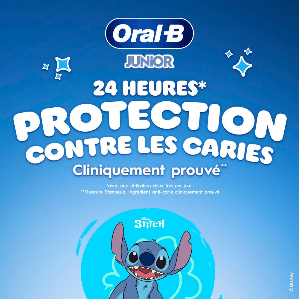 Fond bleu avec texte. Oral-B Junior, protection 24h contre les caries.