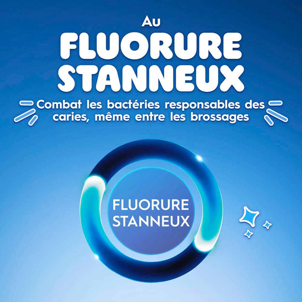 Fond bleu avec texte. Oral-B Junior, Fluorure Stanneux.
