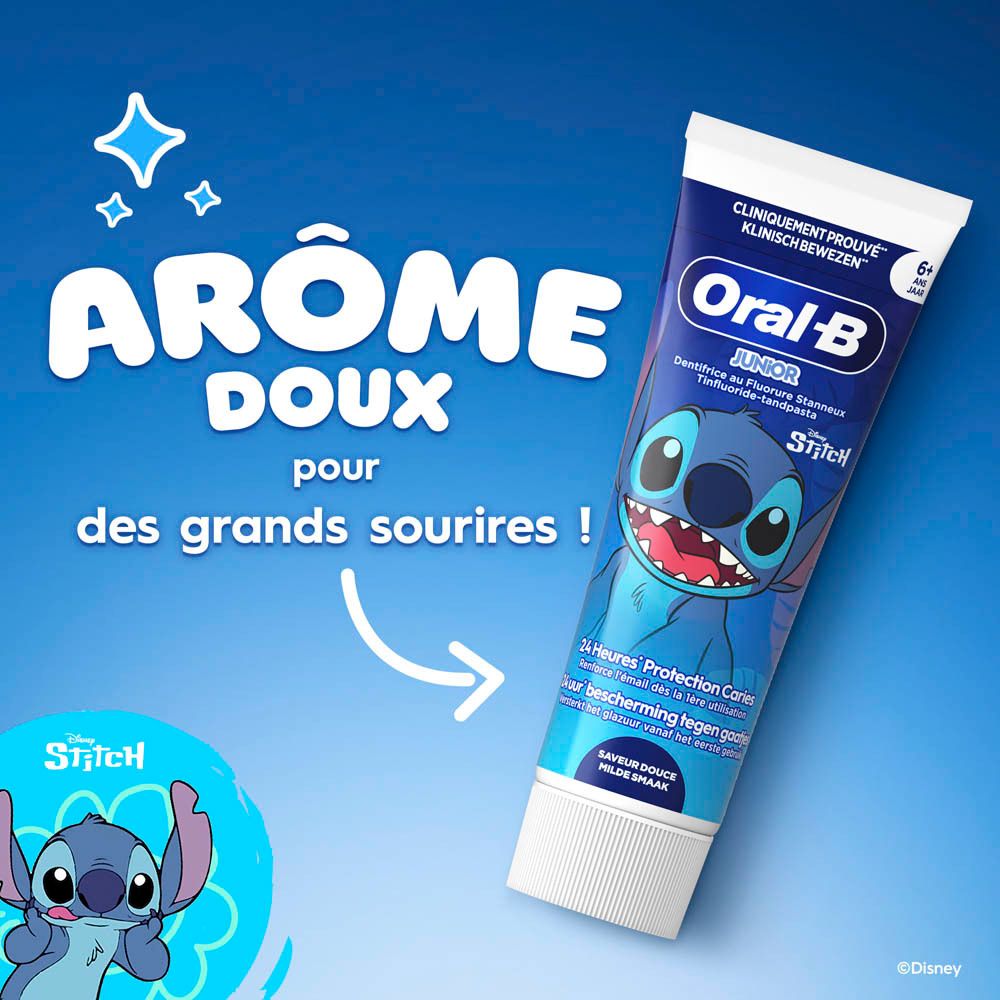 Tube de dentifrice et texte. Oral-B Junior, goût doux pour enfants.