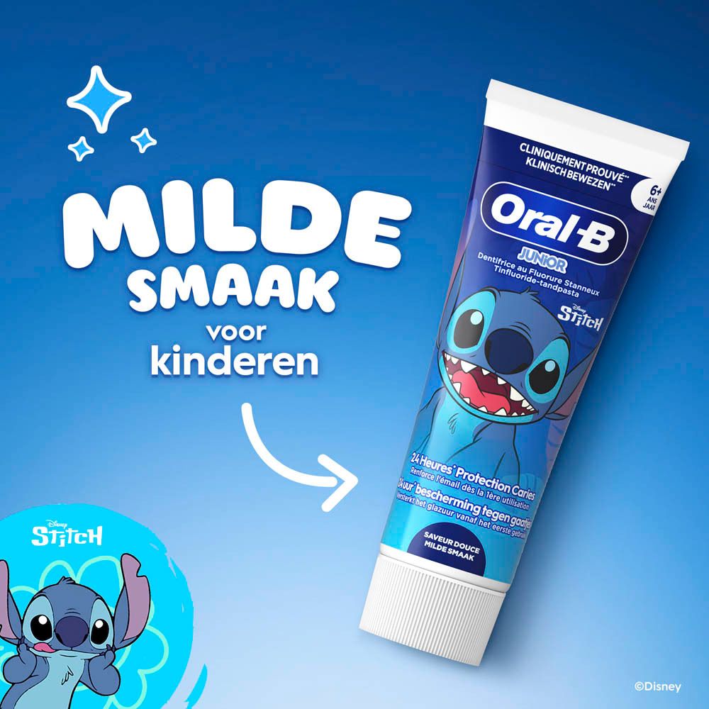 Tandpastatube en tekst. Milde smaak voor kinderen.