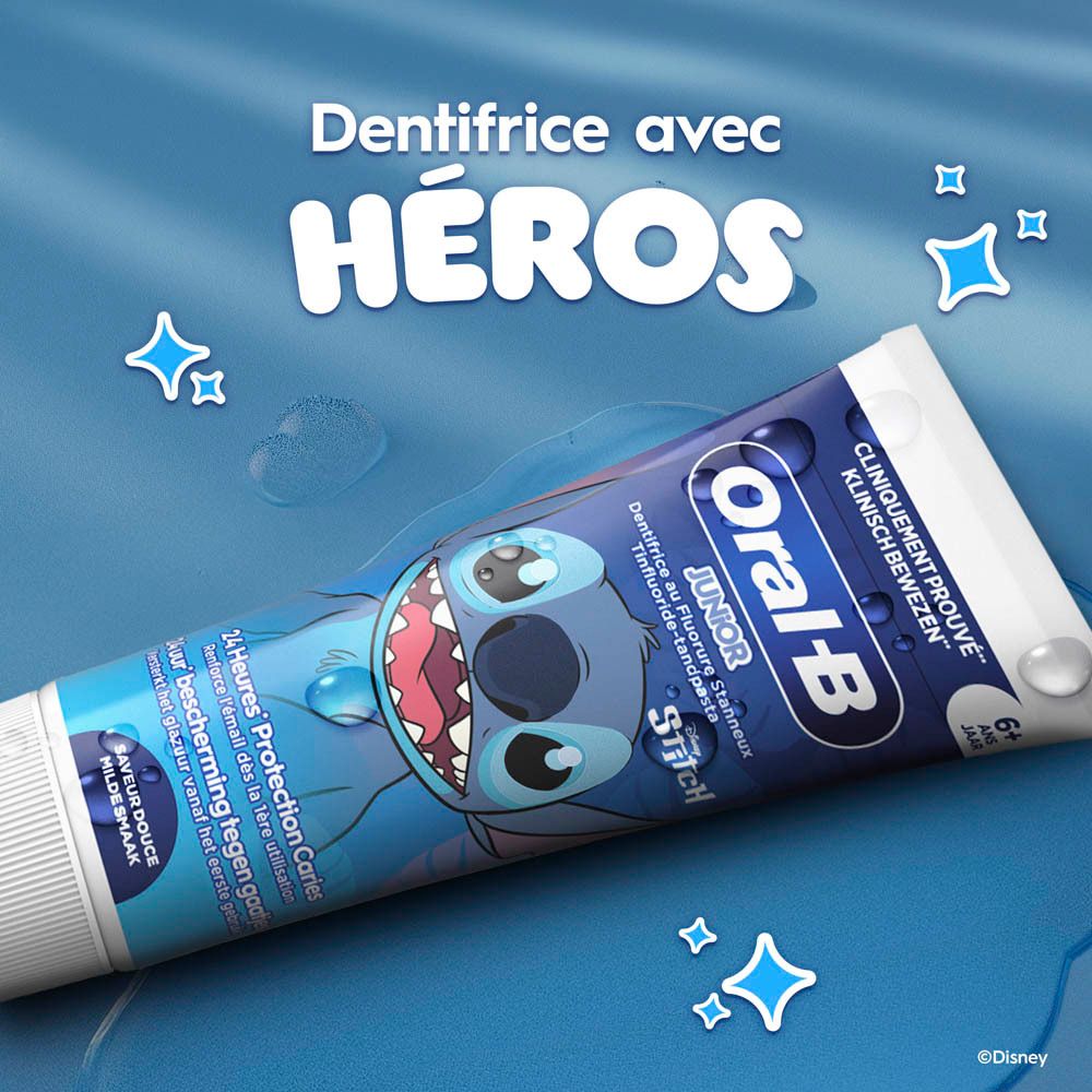 Tube de dentifrice avec héros. Oral-B Junior, design Stitch.