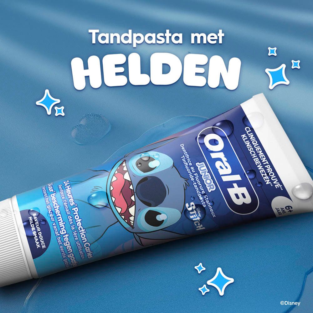 Tandpasta met helden. Oral-B Junior, Stitch-design.