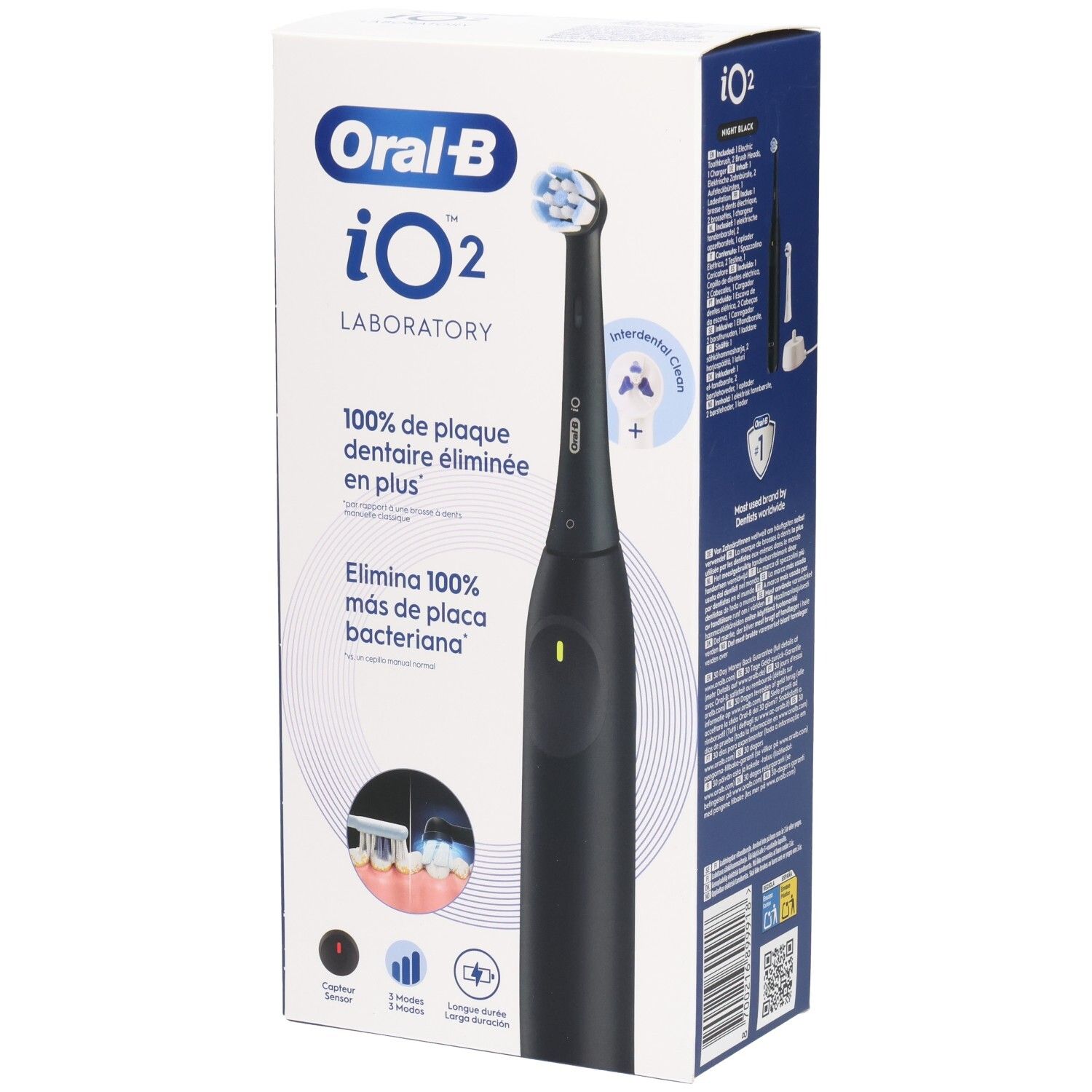Oral-B iO2 Laboratory zwarte tandenborstel, in verpakking. Opschrift: 100% plaque verwijdering. Accessoires: oplaadstation, 3 standen, lange batterijduur.
