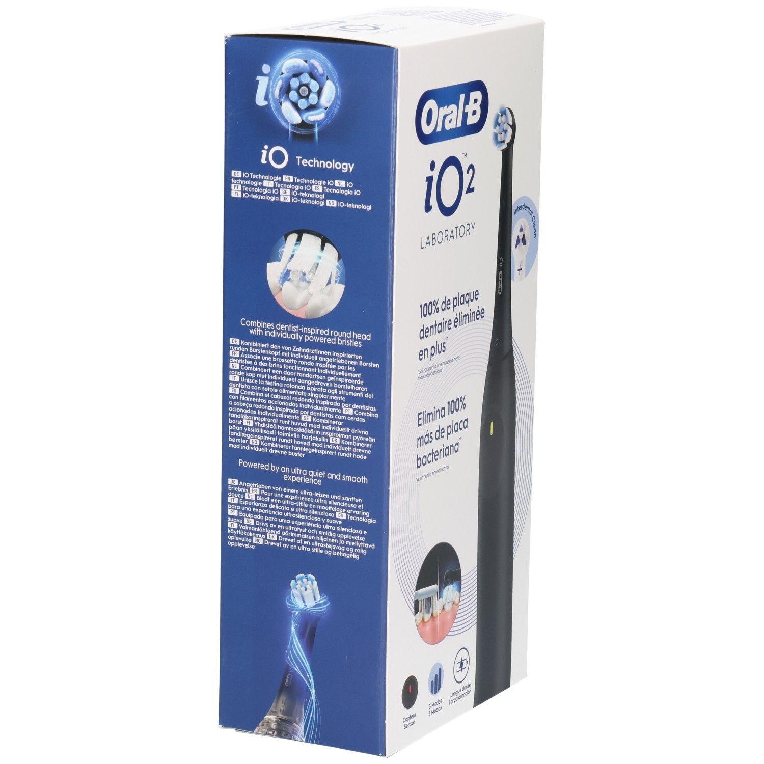 Verpakking van de Oral-B iO2 Laboratory tandenborstel. Opschrift: iO technologie, 100% plaque verwijdering. Afbeelding van de tandenborstel en de borstelkop.