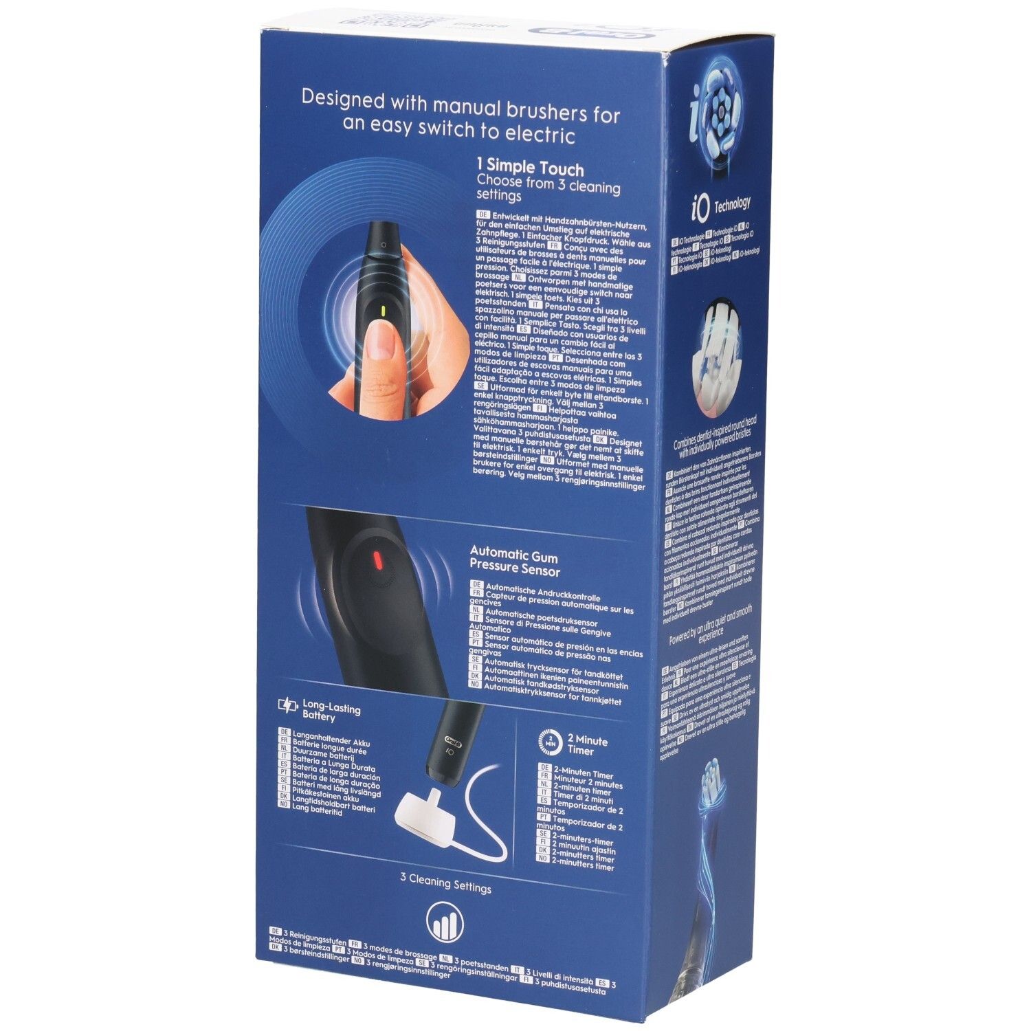 Achterkant van de verpakking van de Oral-B iO2 tandenborstel. Illustraties: bediening, druksensor, batterij, 3 standen. Meertalige tekst.