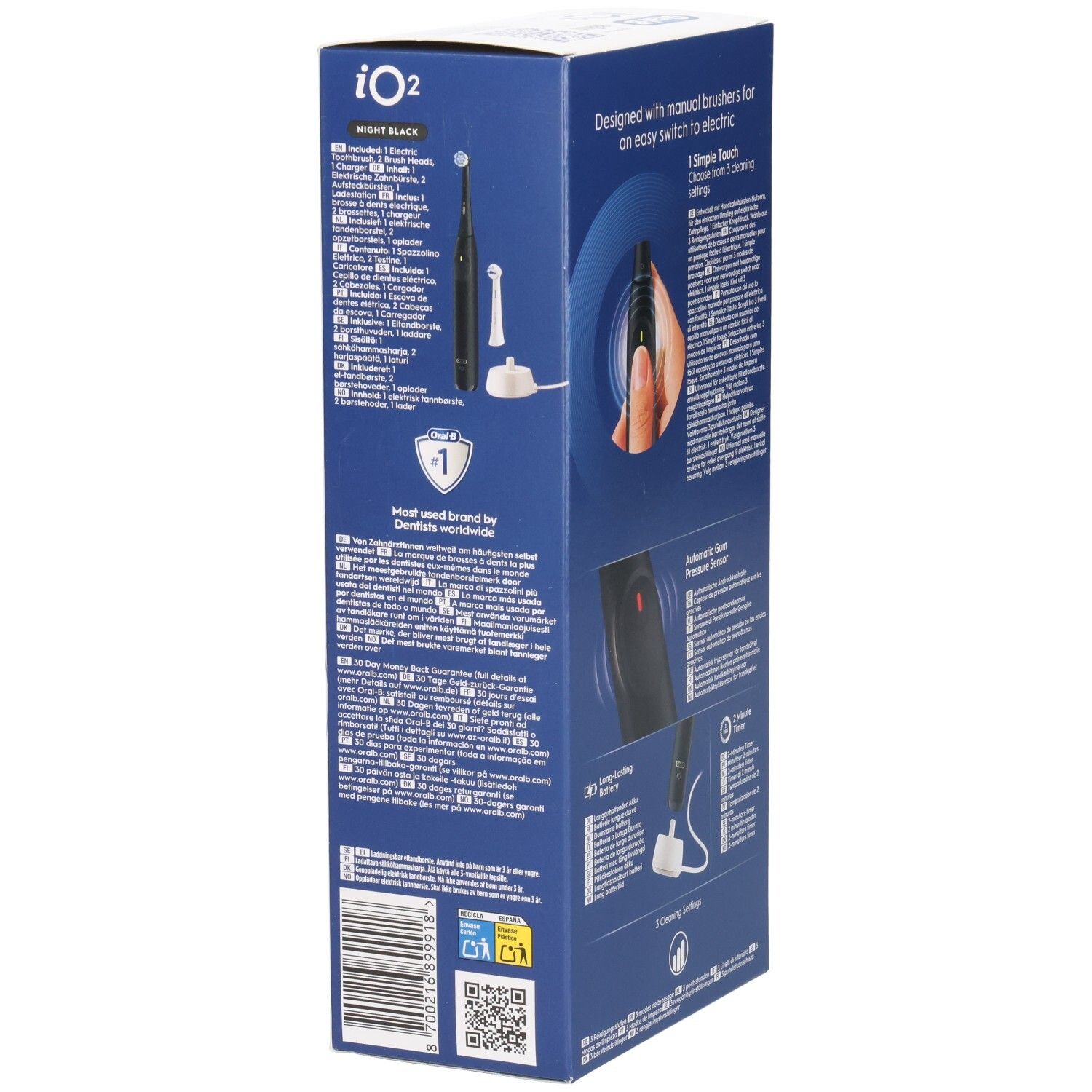 Verpakking van de Oral-B iO2 tandenborstel. Opschrift: Nachtzwart, 3 standen, druksensor, lange batterijduur. Meertalige tekst.