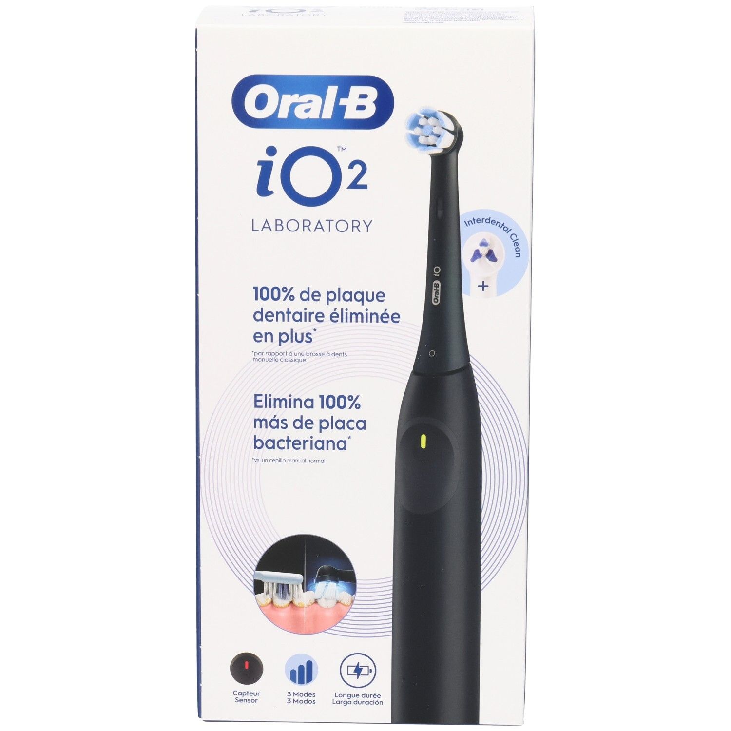 Oral-B iO2 Laboratory zwarte tandenborstel, in verpakking. Opschrift: 100% plaque verwijdering. Accessoires: oplaadstation, 3 standen, lange batterijduur.