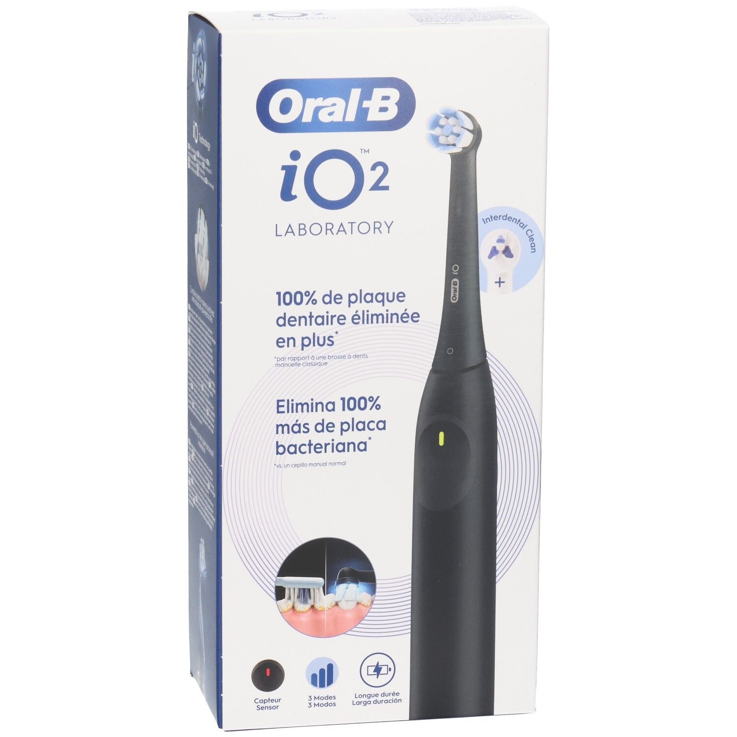 Oral-B iO2 Laboratory zwarte tandenborstel, in verpakking. Opschrift: 100% plaque verwijdering. Accessoires: oplaadstation, 3 standen, lange batterijduur.