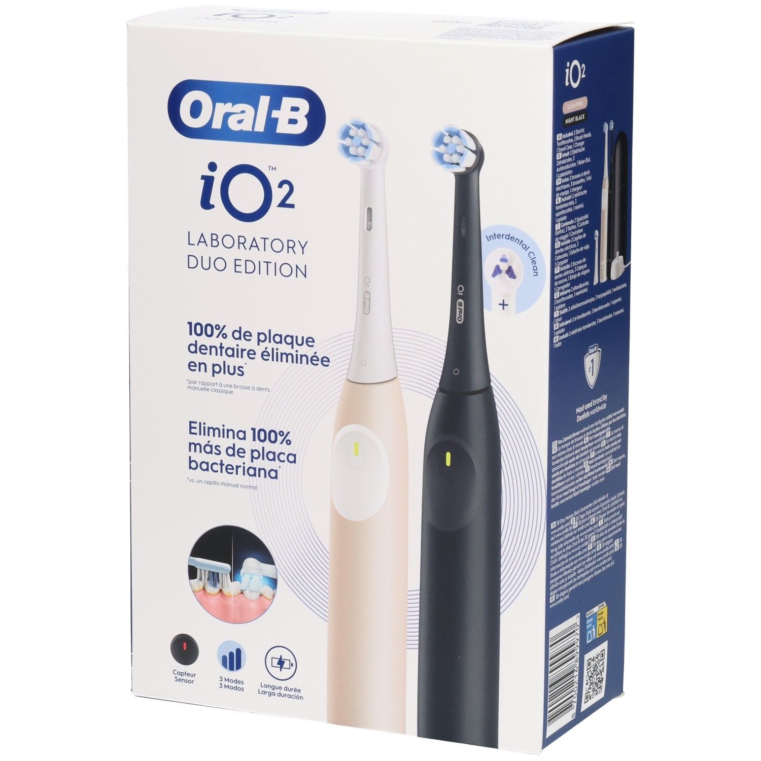Duo-verpakking tandenborstels. Bevat zwarte en crèmekleurige elektrische tandenborstel. Verpakking met productnaam en logo's.