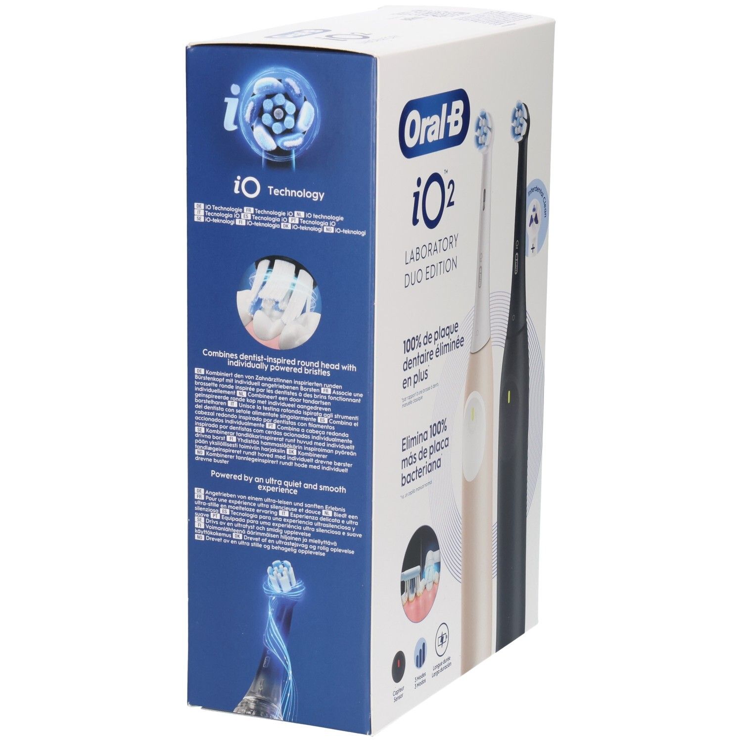 Verpakking met productinformatie. Toont zwarte en crèmekleurige elektrische tandenborstel. Logo's en productnaam.