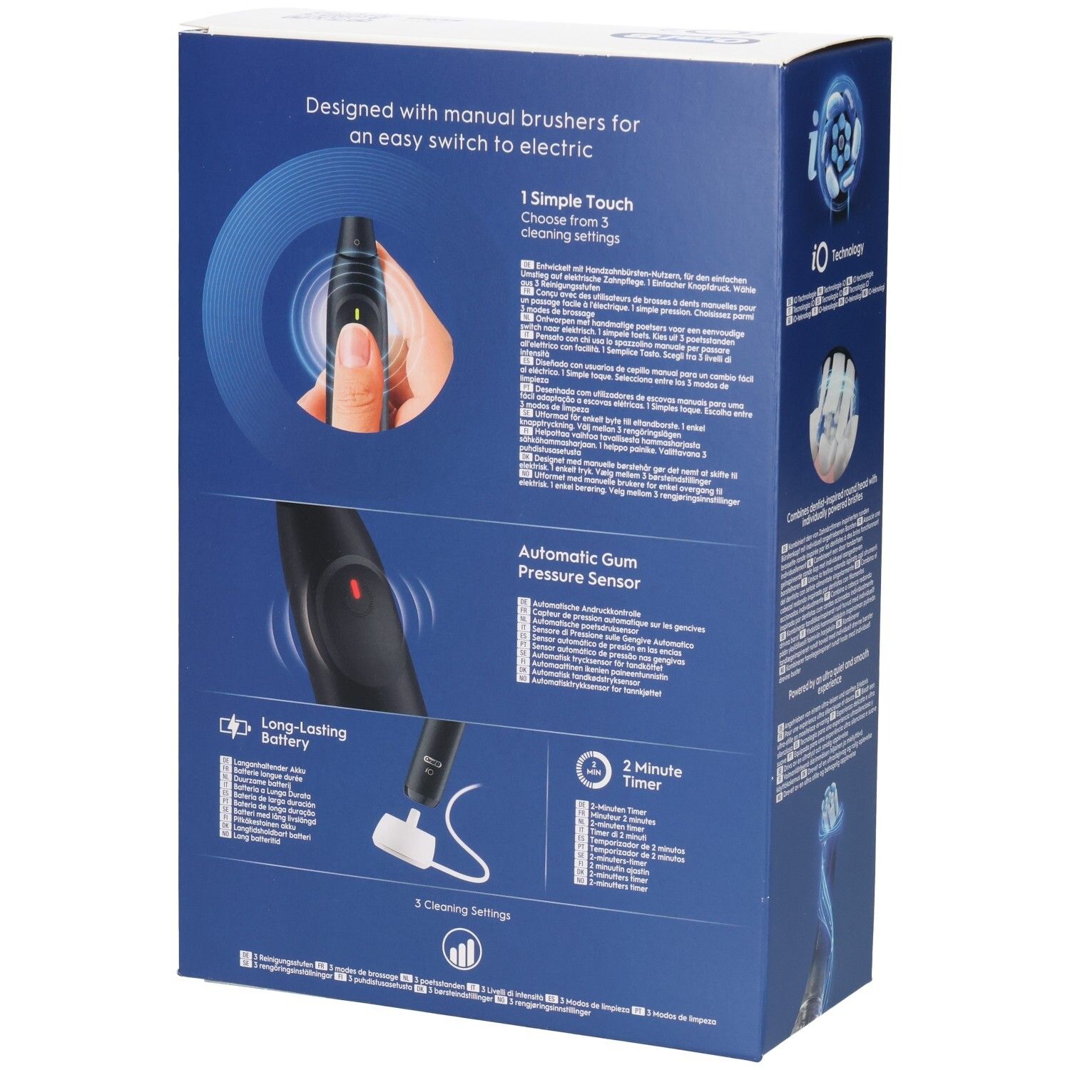 Achterkant van de verpakking. Toont functies zoals druksensor, timer en batterijduur. Tekst in meerdere talen.