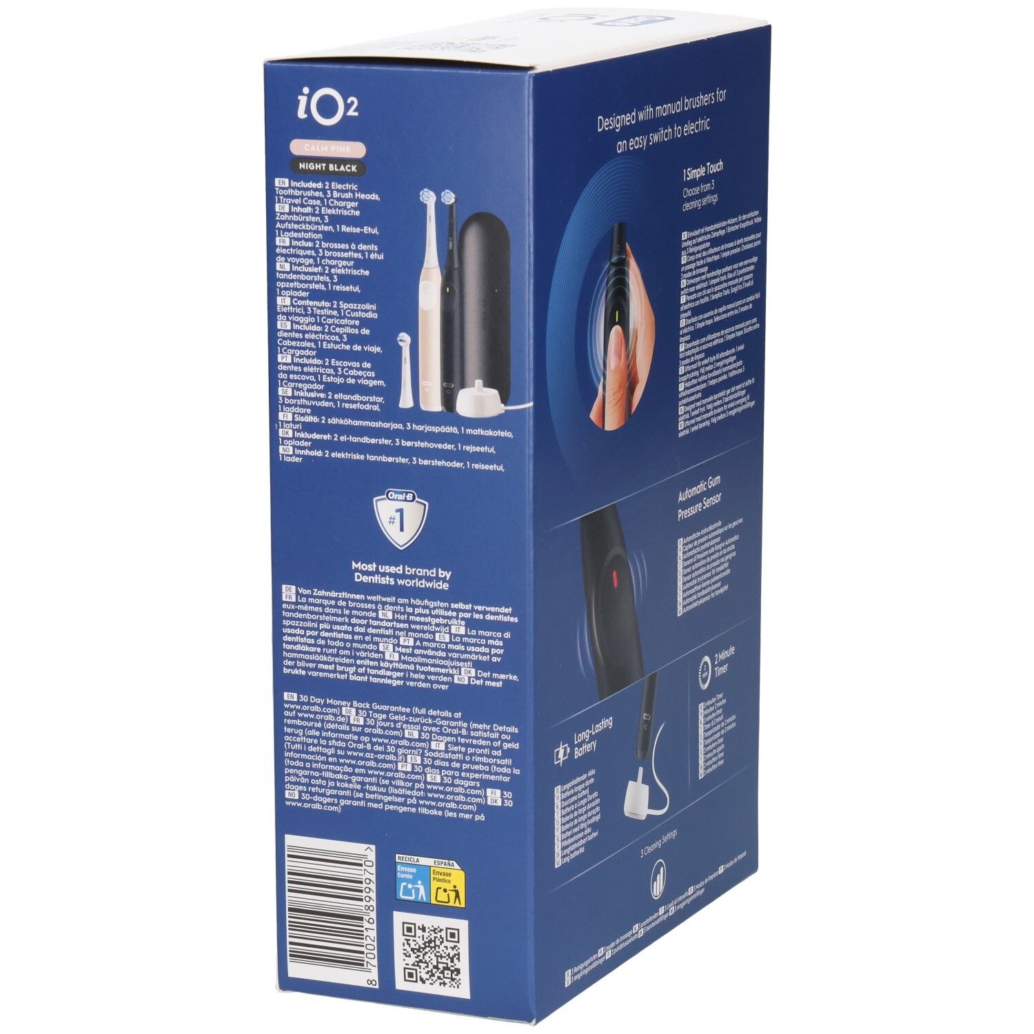 Zijaanzicht van de verpakking. Toont zwarte en crèmekleurige elektrische tandenborstel. Tekst en logo's.