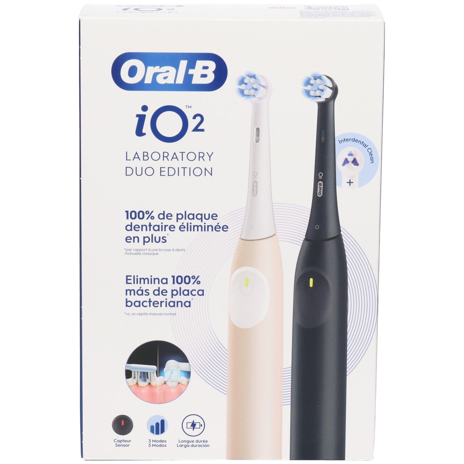 Vooraanzicht van de verpakking. Toont zwarte en crèmekleurige elektrische tandenborstel. Productnaam en logo's.