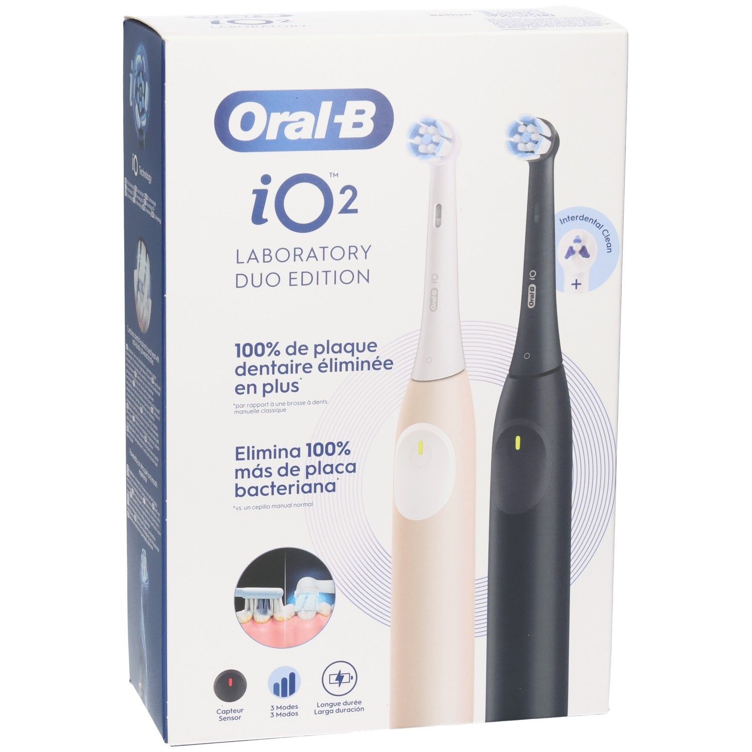 Vooraanzicht van de verpakking. Toont zwarte en crèmekleurige elektrische tandenborstel. Productnaam en logo's.