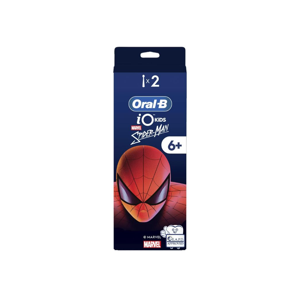 Oral-B iO Kids 6+ Marvel Spiderman navullingen. Verpakking met 2 opzetborstels. Spiderman-ontwerp. Leeftijdsindicatie 6+.