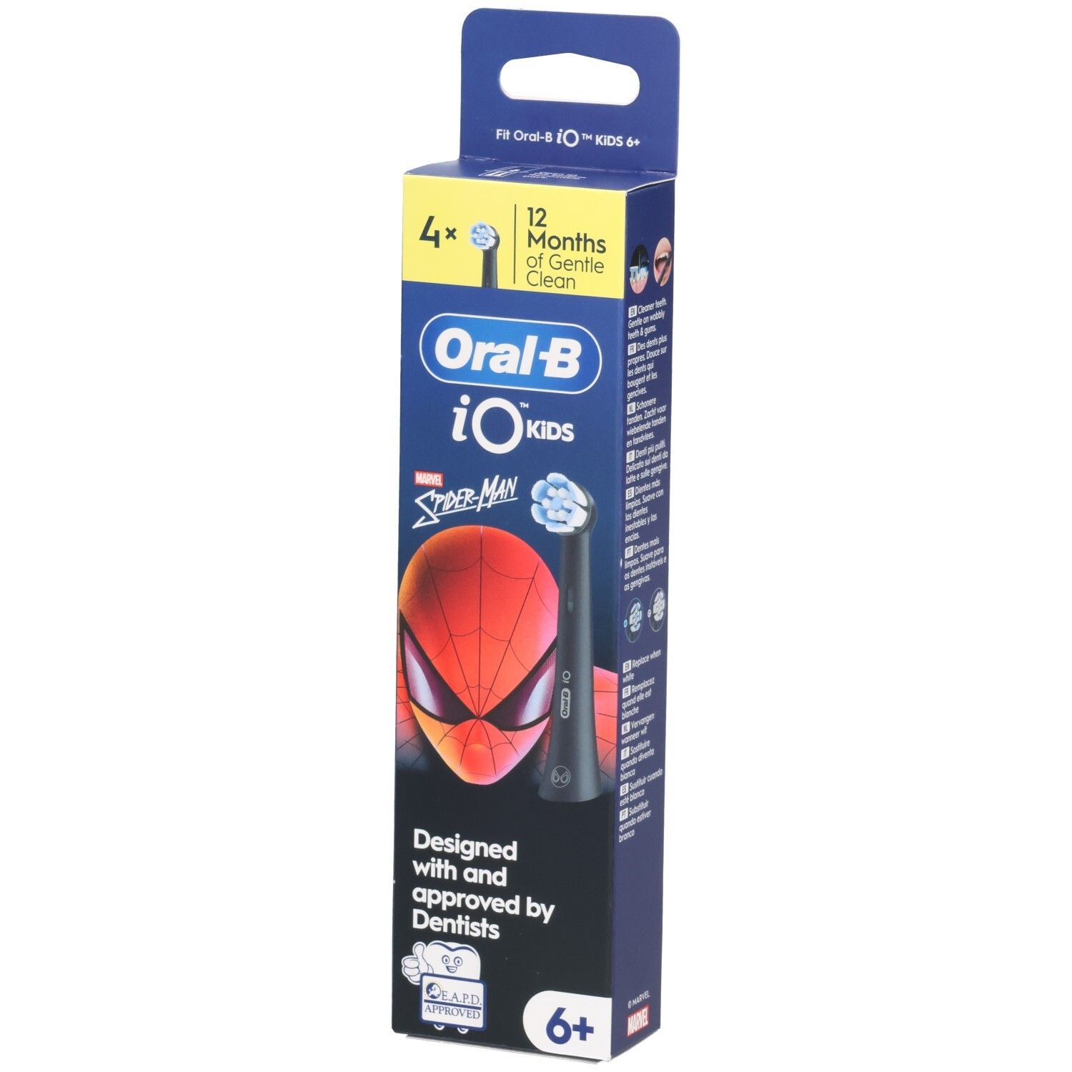 Verpakking met Oral-B iO Kids Spiderman opzetborstels. Bevat 4 stuks. Met Spiderman-motief en logo. Voor kinderen vanaf 6 jaar.