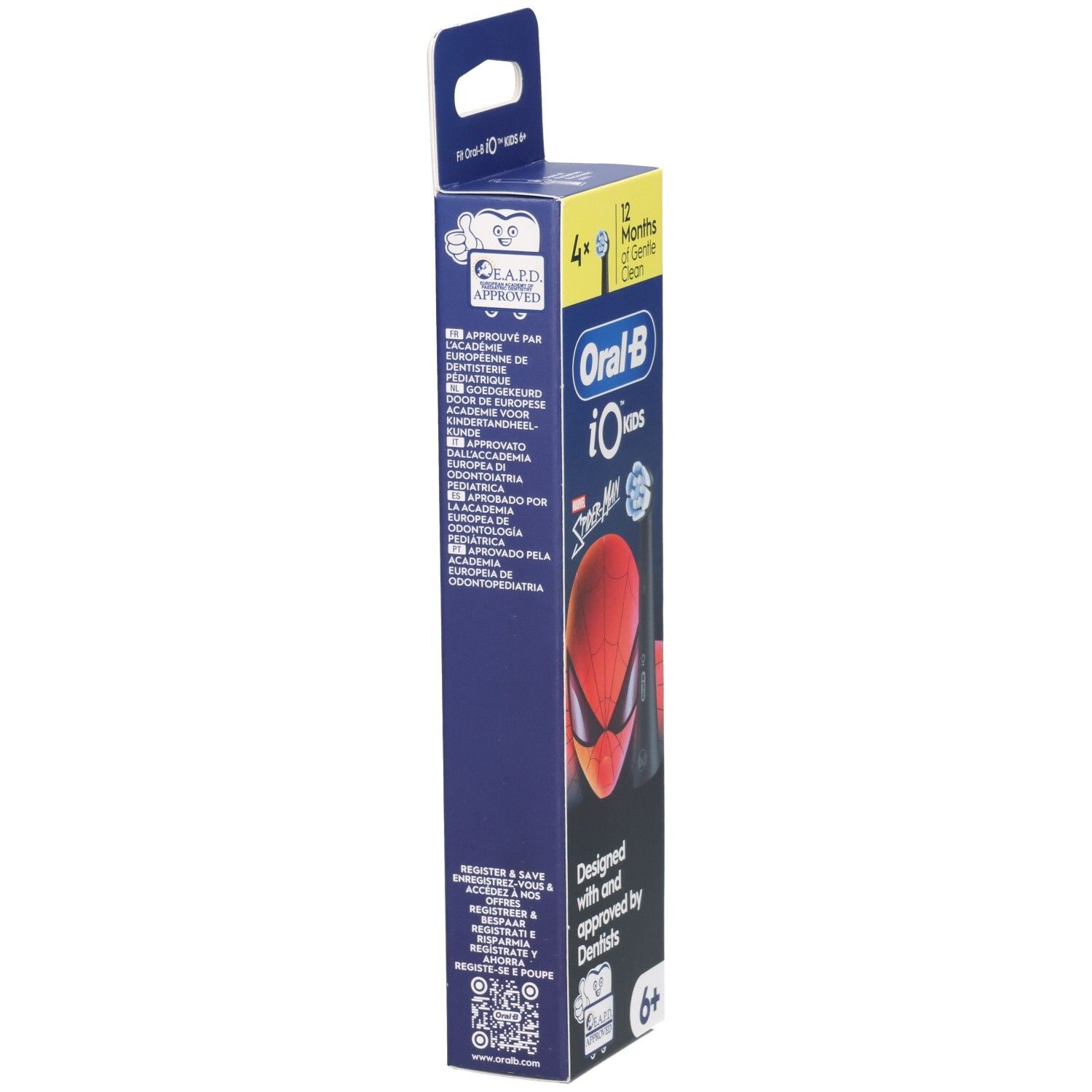 Zijaanzicht van de verpakking van Oral-B iO Kids Spiderman opzetborstels. Met tekst en logo's. Bevat informatie en QR-code.