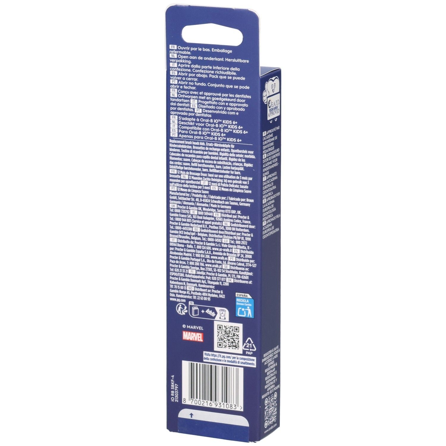 Achterkant van de verpakking van Oral-B iO Kids Spiderman opzetborstels. Met tekst in verschillende talen en QR-code.