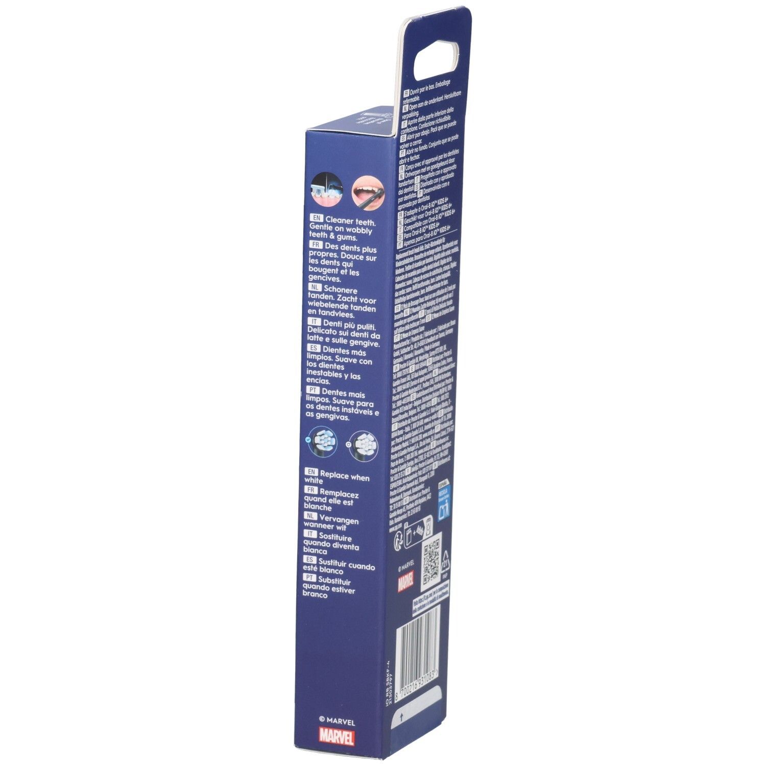 Zijaanzicht van de verpakking van Oral-B iO Kids Spiderman opzetborstels. Met tekst en logo's. Bevat informatie.