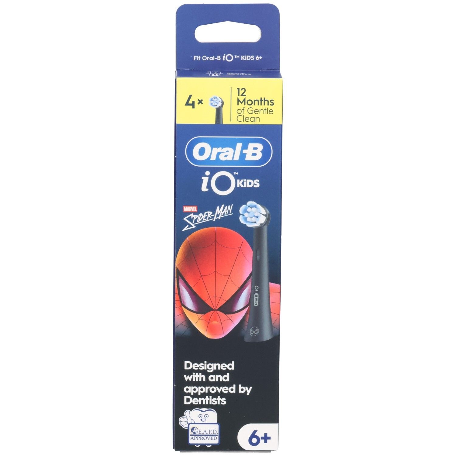 Verpakking met Oral-B iO Kids Spiderman opzetborstels. Bevat 4 stuks. Met Spiderman-motief en logo. Voor kinderen vanaf 6 jaar.