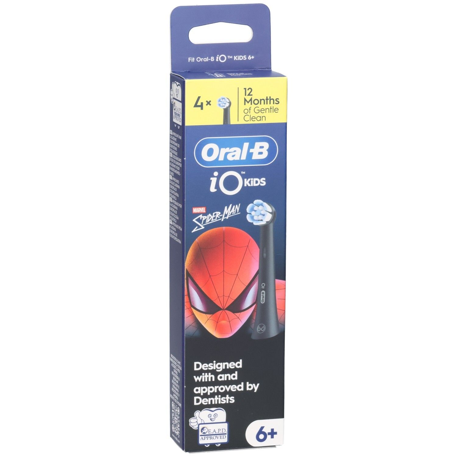 Verpakking met Oral-B iO Kids Spiderman opzetborstels. Bevat 4 stuks. Met Spiderman-motief en logo. Voor kinderen vanaf 6 jaar.