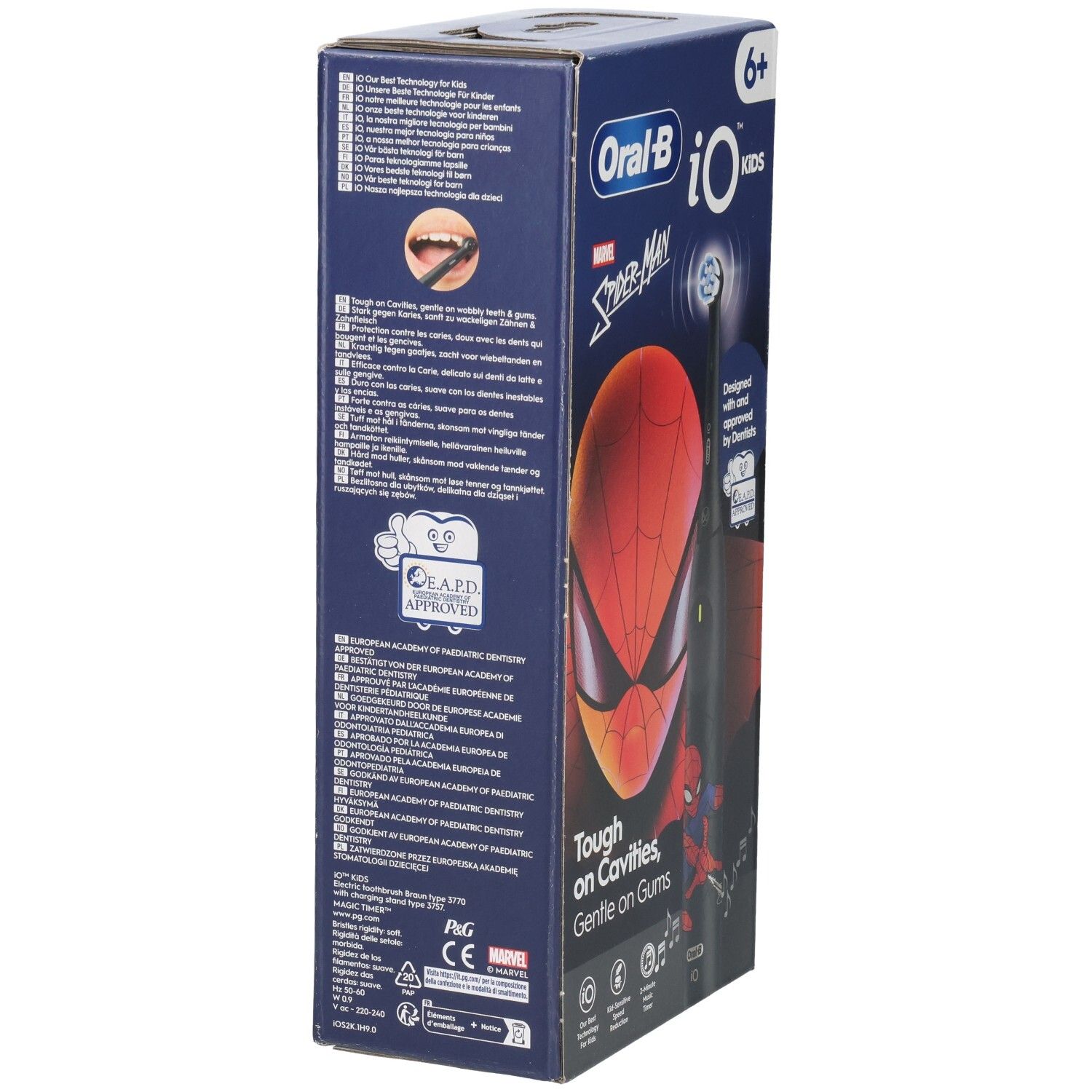 Verpakking met tekst en logo. Oral-B iO Kids Spider-Man. EAPD-certificering. Meertalige tekst. Design met Spider-Man motief.