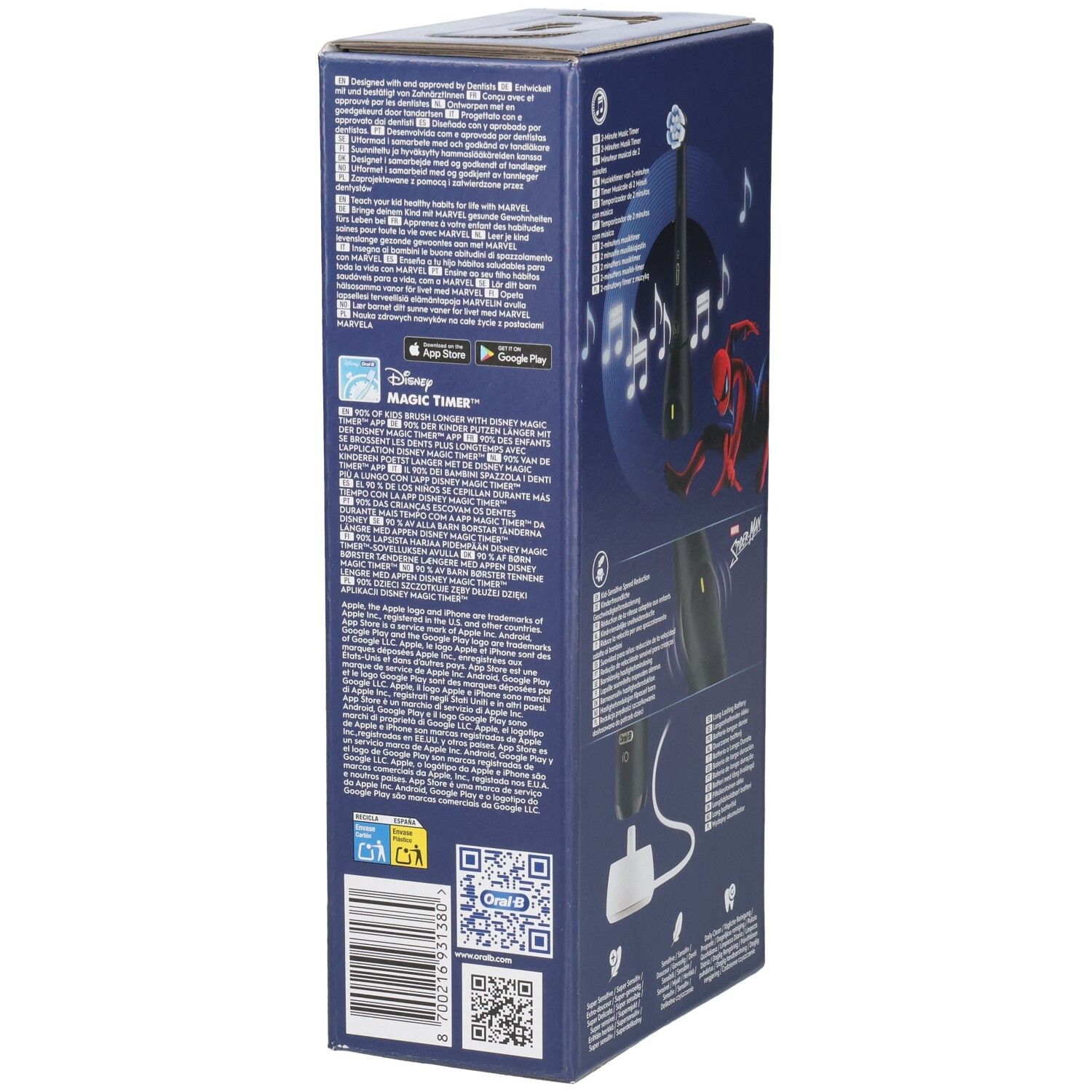 Verpakking, zijaanzicht. Oral-B iO Kids Spider-Man. Meertalige tekst. Disney Magic Timer app.