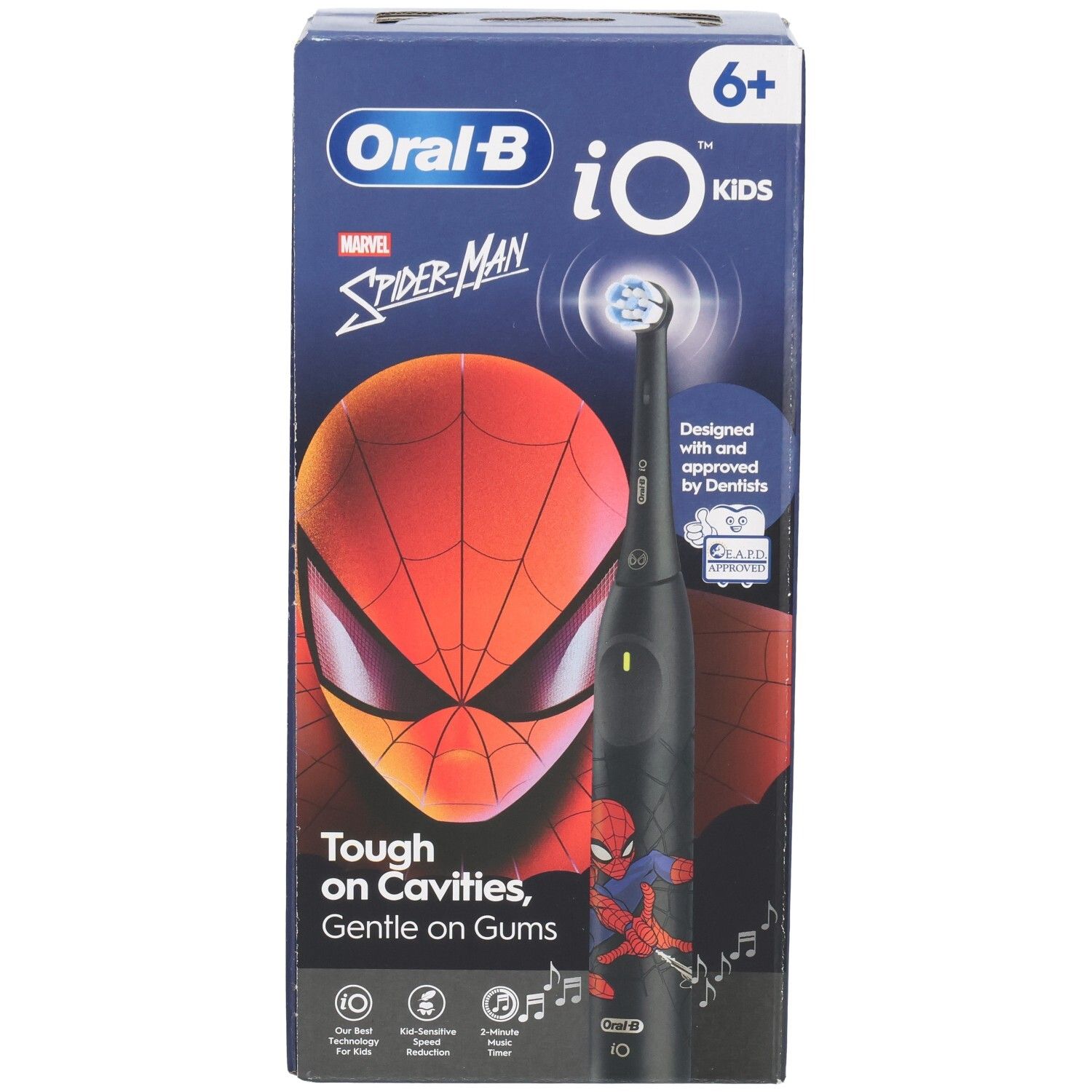 Verpakking elektrische tandenborstel. Oral-B iO Kids Spider-Man. Zwarte handgreep, Spider-Man design. 6+ jaar. Opschrift: Tough on Cavities, Gentle on Gums.