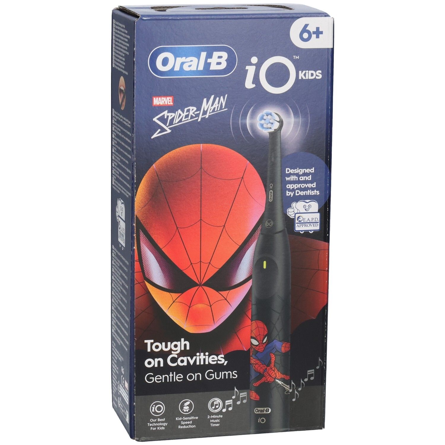 Verpakking elektrische tandenborstel. Oral-B iO Kids Spider-Man. Zwarte handgreep, Spider-Man design. 6+ jaar. Opschrift: Tough on Cavities, Gentle on Gums.