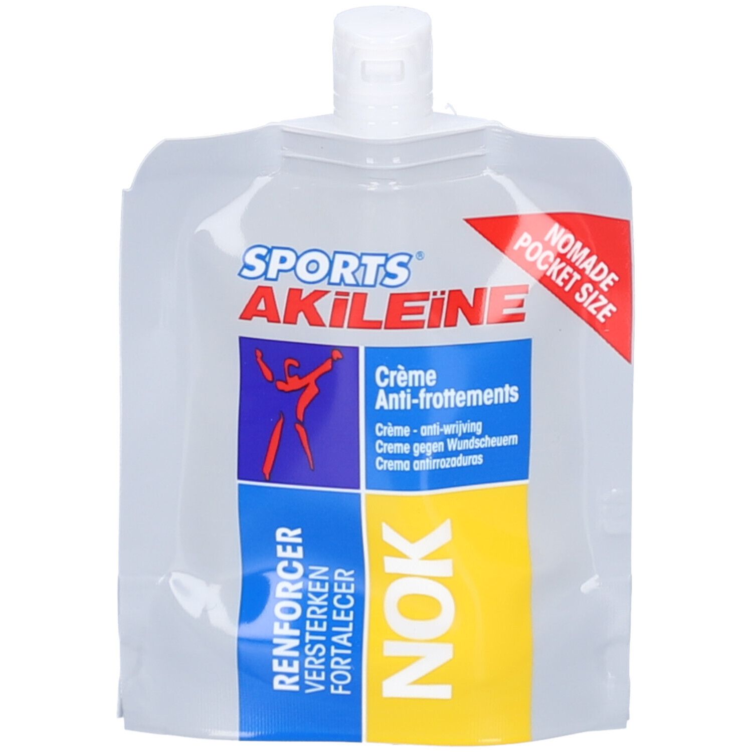 Sachet transparent avec bouchon blanc. Inscriptions bleues et rouges : SPORTS AKILEINE, NOK. Nomade Pocket Size.