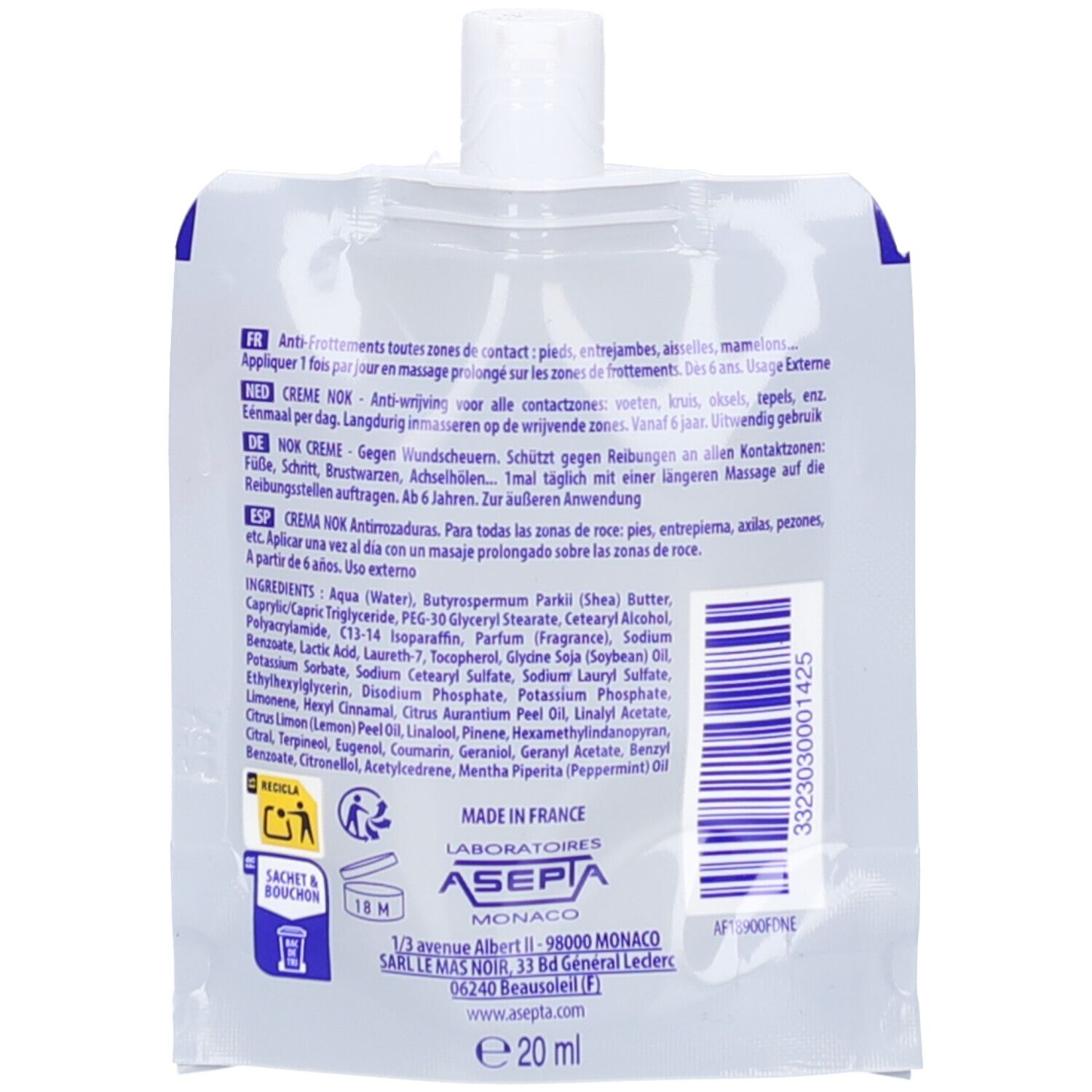 Dos du sachet. Texte multilingue. Ingrédients et informations fabricant. 20 ml.