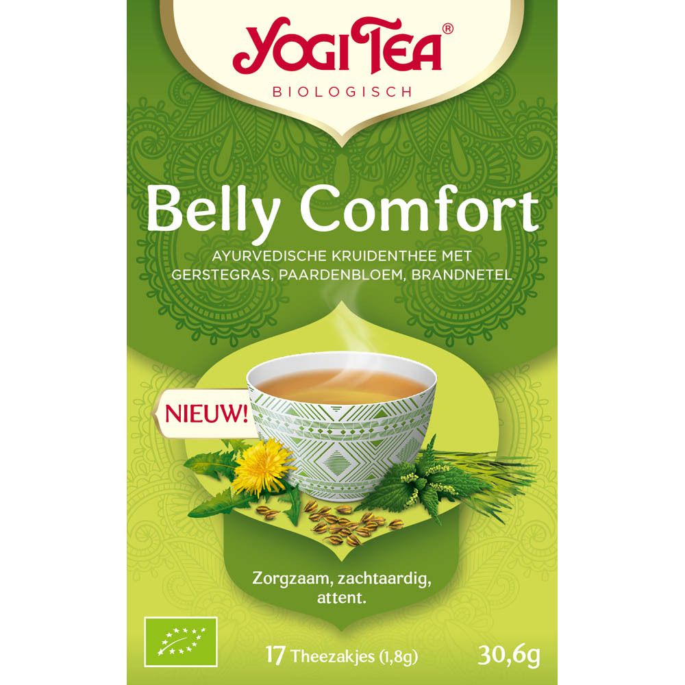 Groene doos Yogi Tea Belly Comfort. 17 theezakjes. Opschrift: ayurvedische kruidenthee. Bio-keurmerk.