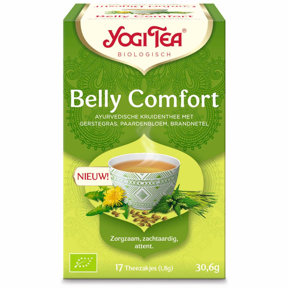 Groene doos Yogi Tea Belly Comfort. 17 theezakjes. Opschrift: ayurvedische kruidenthee. Bio-keurmerk.