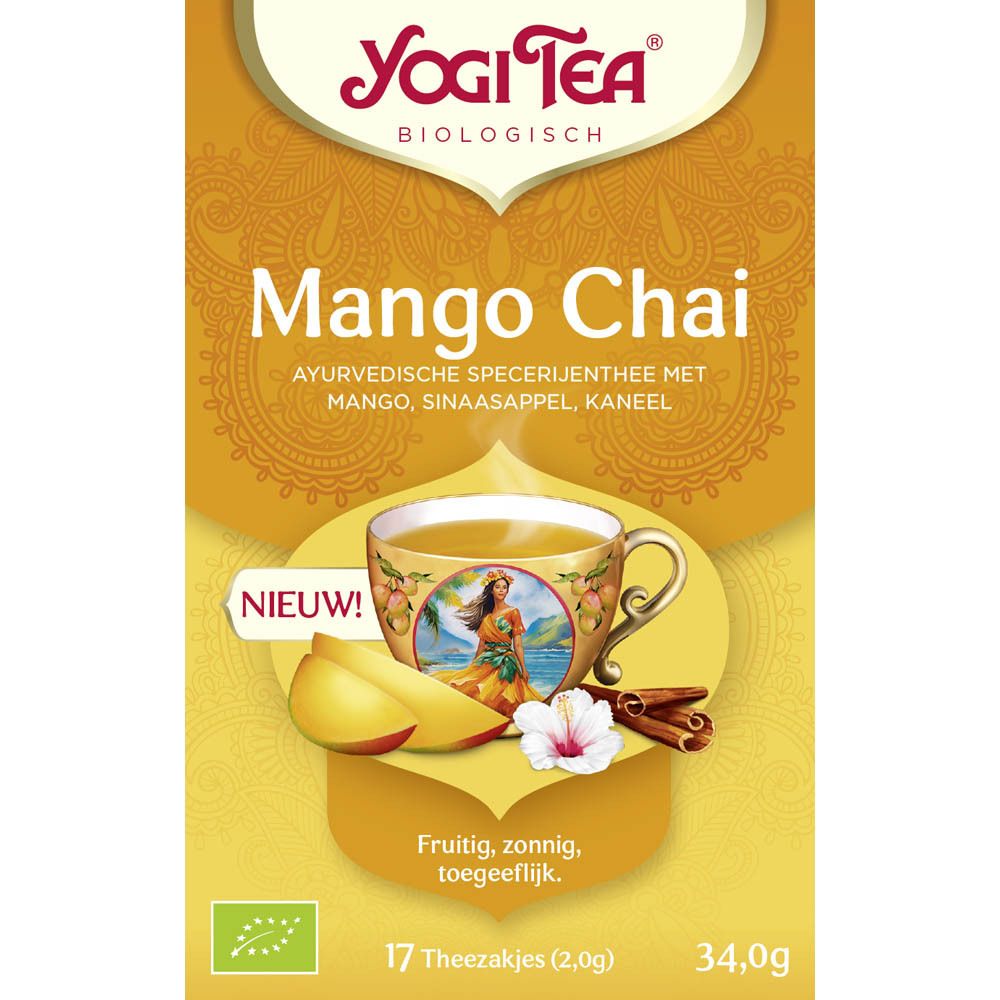 Yogi Tea Mango Chai Bio verpakking. Bevat 17 theezakjes. Met mango, sinaasappel en kaneel. AB Bio-certificering.