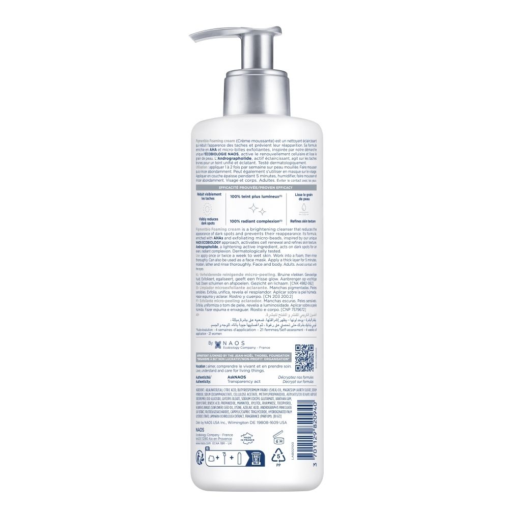 Achterkant van de Bioderma Pigmentbio Foaming Cream fles met productinformatie.