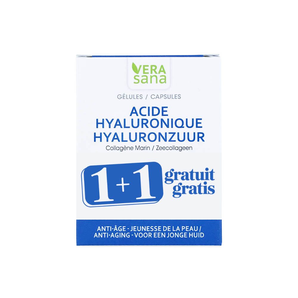 Doos 'Acide Hyaluronique' en '1+1 gratis'. Merk: Vera Sana.