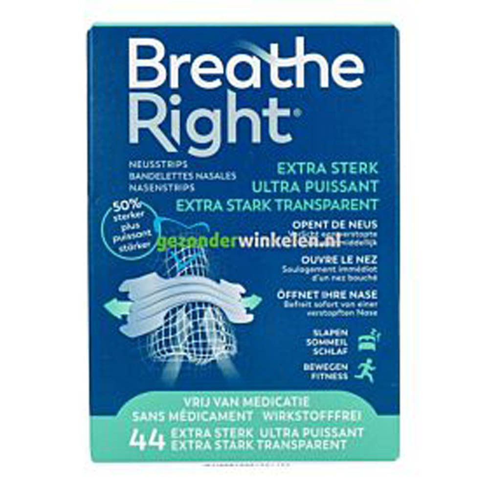 Breathe Right Extra Sterk transparante neusstrips. 44 stuks.