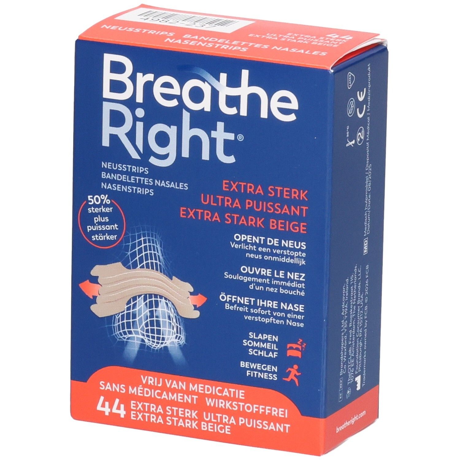 Breathe Right Extra Puissant Bandelettes nasales, boîte de 44. Beige, sans latex.